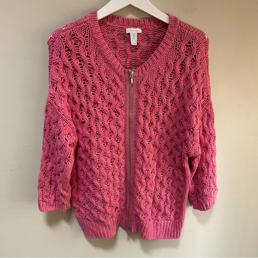 New~Chico’s ~Moon Stone Zip Cotton Knit Cardigan in Watermelon size 3/ Large